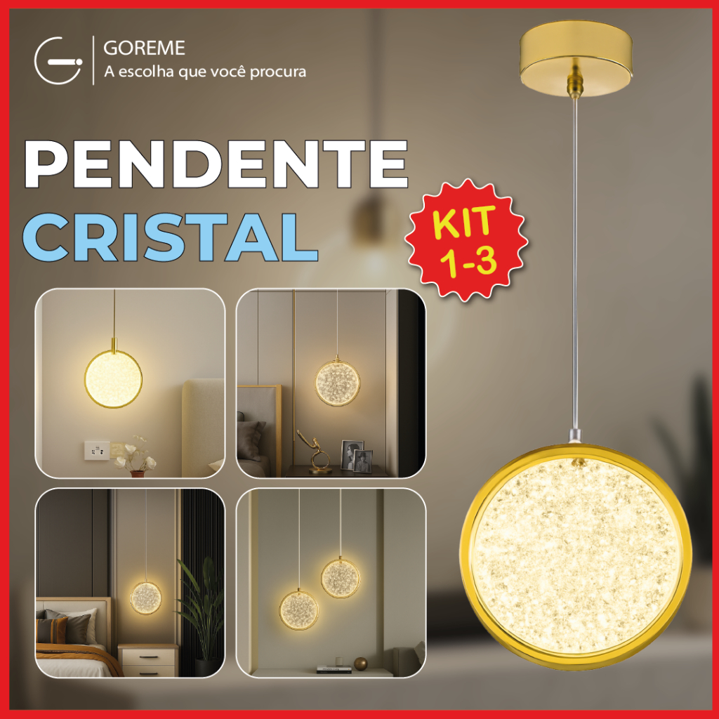 kit1/2/3 Pendente Luminária Redonda Dourada Cristal de Luxo LED 3 Tons de Luz 110V-220V Bivolt