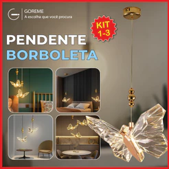 Luminária Pendente Lustre Borboleta de Luxo Cristal Dourada Moderna 3 Tons de Luz Bivolt