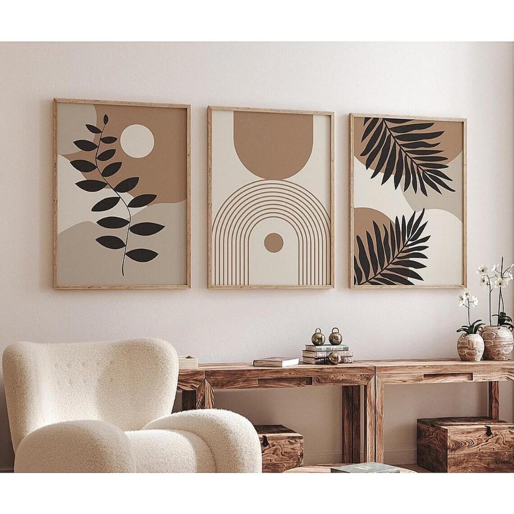 Quadro Decorativo 3 Peças Bege Preto Boho Decoração Abstrata Parede Botânica Minimalista