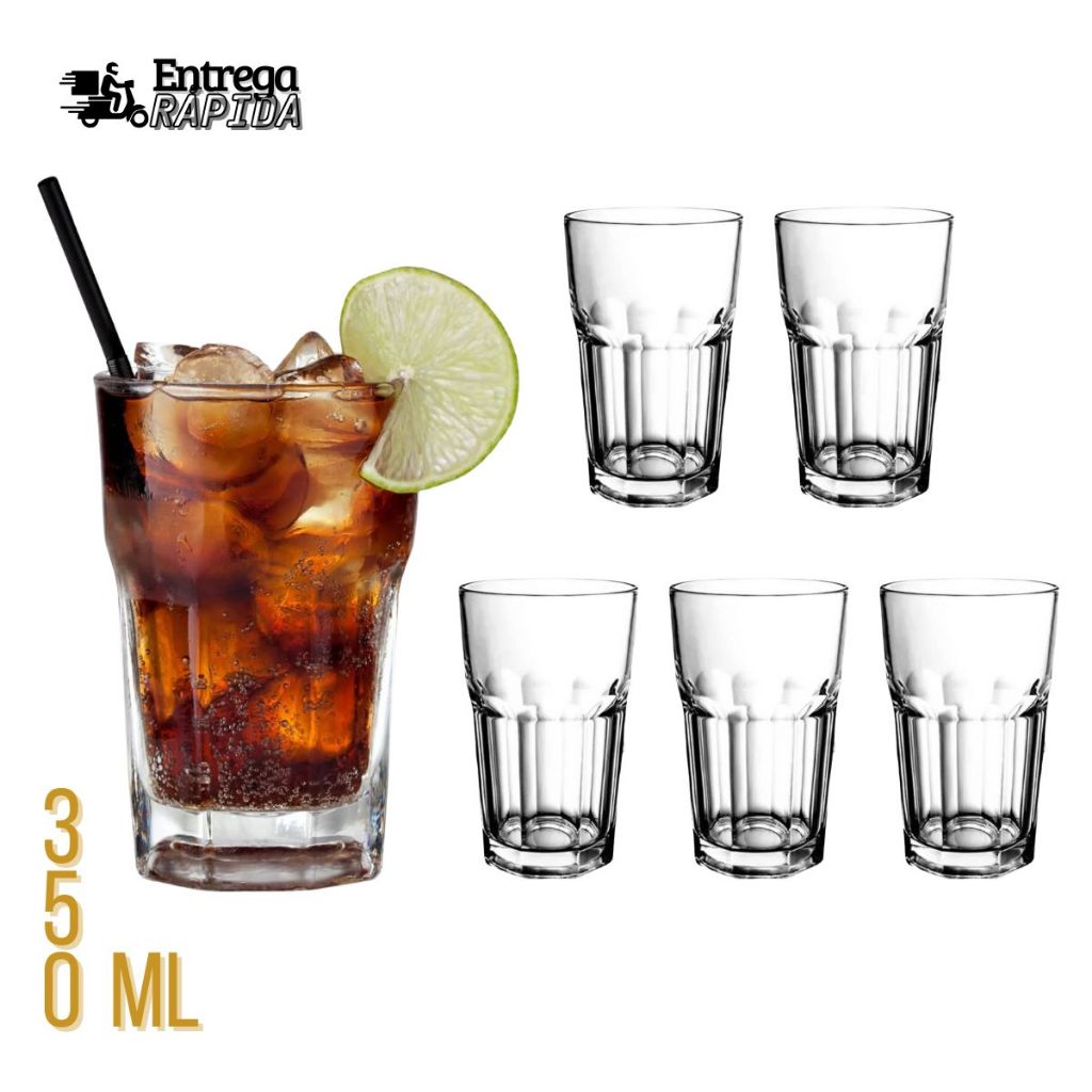 Jogo De Copos Em Vidro Kit 6 Peças Cozinha Água Suco Drink Refrigerante 350ml Mesa Posta C...