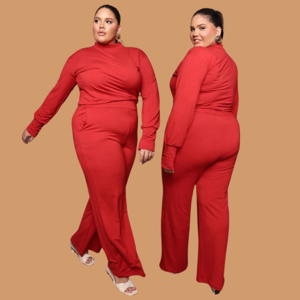 Conjunto Moletinho Feminino Plus Size Calça Wid leg Pantalona 2 peças Blusa Manga longa Tamanho grande Blusa Gola Alta - Women Clothes