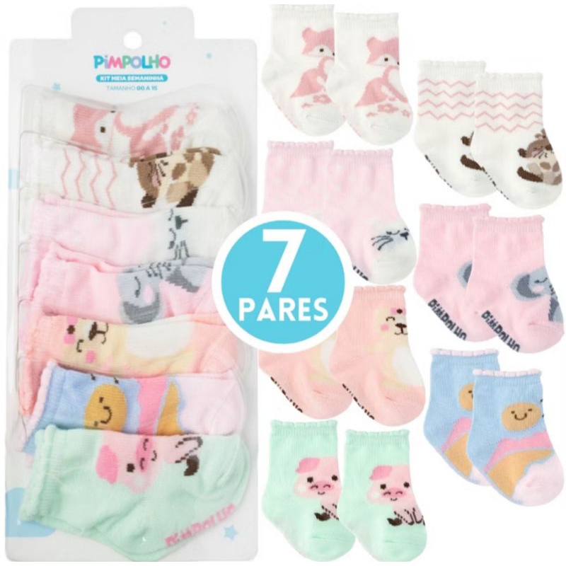 Meias para bebê Kit Semaninha com 7 pares tamanho 0 a 15 ( 0 a 7 meses) 0300387