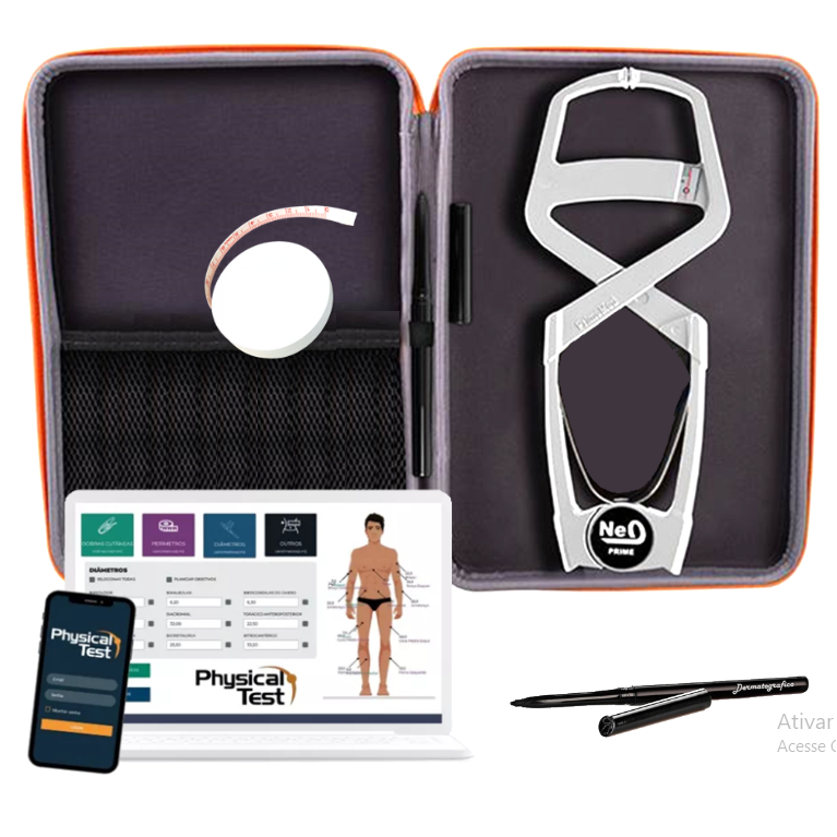 Plicometro Metal Modelo Estojo Luxo - Adipômetro Prime Med + Kit Completo Avaliação Física Corporal