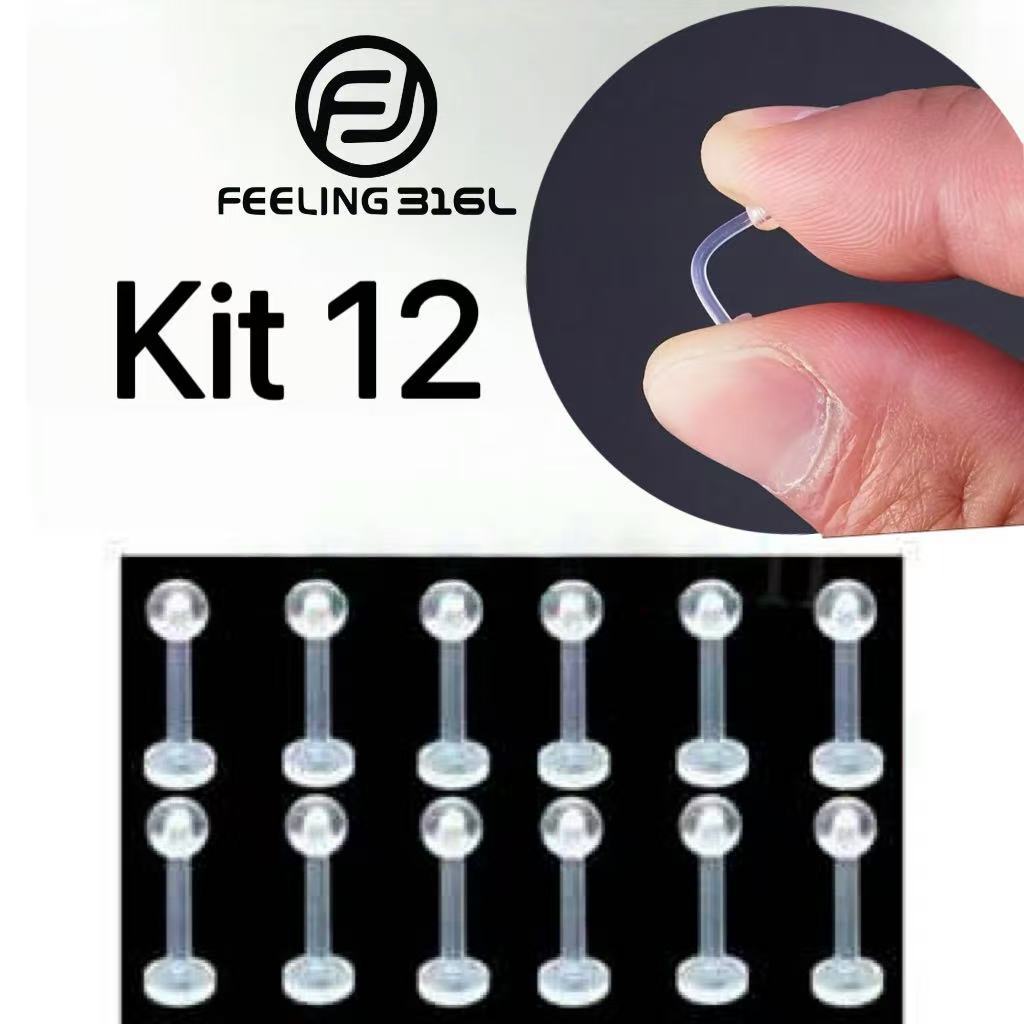 Feeling 316L kit 12 Piercing Orelha Labret de Silicone Acrílico Transparente 6mm