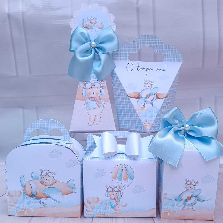 Kit Personalizados Ursinho Aviador - O Tempo Voa - Voador Menino Azul Lembrancinha para Festa - PEGUE E MONTE