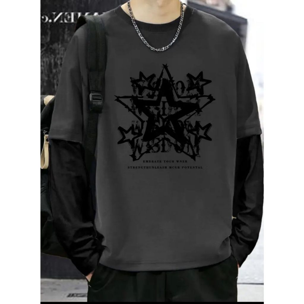 Camiseta Manga Longa Chumbo Streetwear Modelo: "Estrelas" - Tumblr CAMLG-1486-GRF