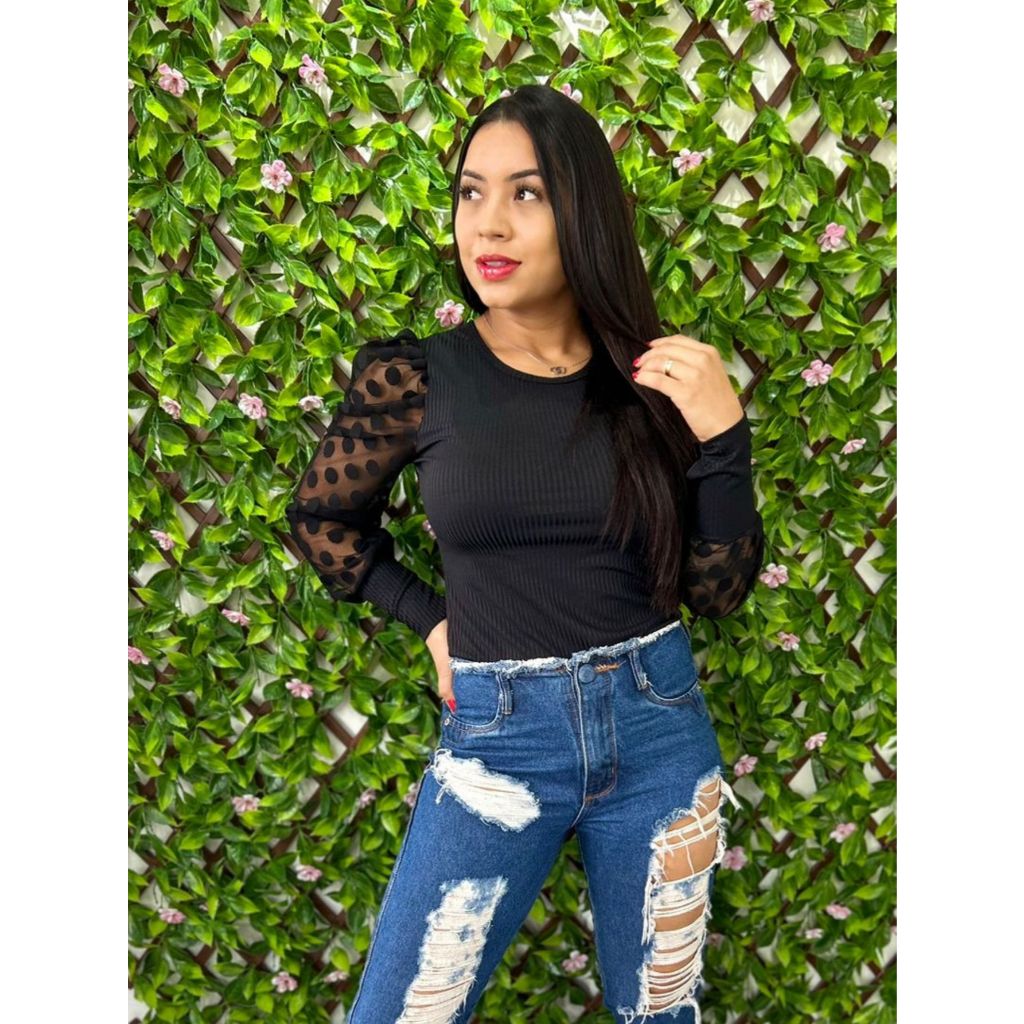 Blusa Canelada Feminina Manga Longa Tule - Princesa Bufante - Dia a Dia - Blogueira