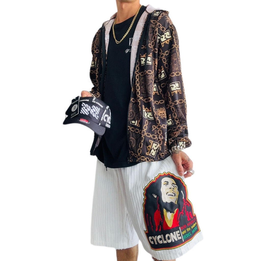 Conj. Jaqueta Microfibra Cyclone + Bermuda Branca Bob Marley e Boné Preto Cyclone