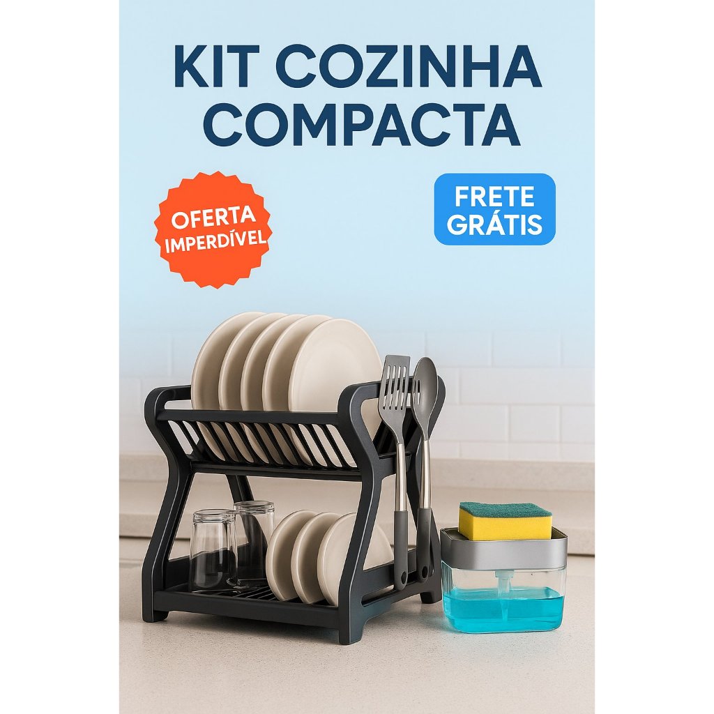 Kit Cozinha Escorredor de Louça 2 Andares + Dispenser Detergente Porta Esponja Aparador Prático e Compacto