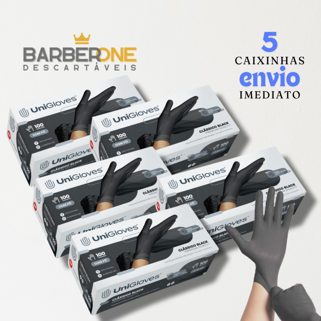 LUVAS DE LATEX COM POUCO TALCO UNIGLOVES CLASSICO BLACK - 5 CAIXINHAS - 500 UNIDADES
