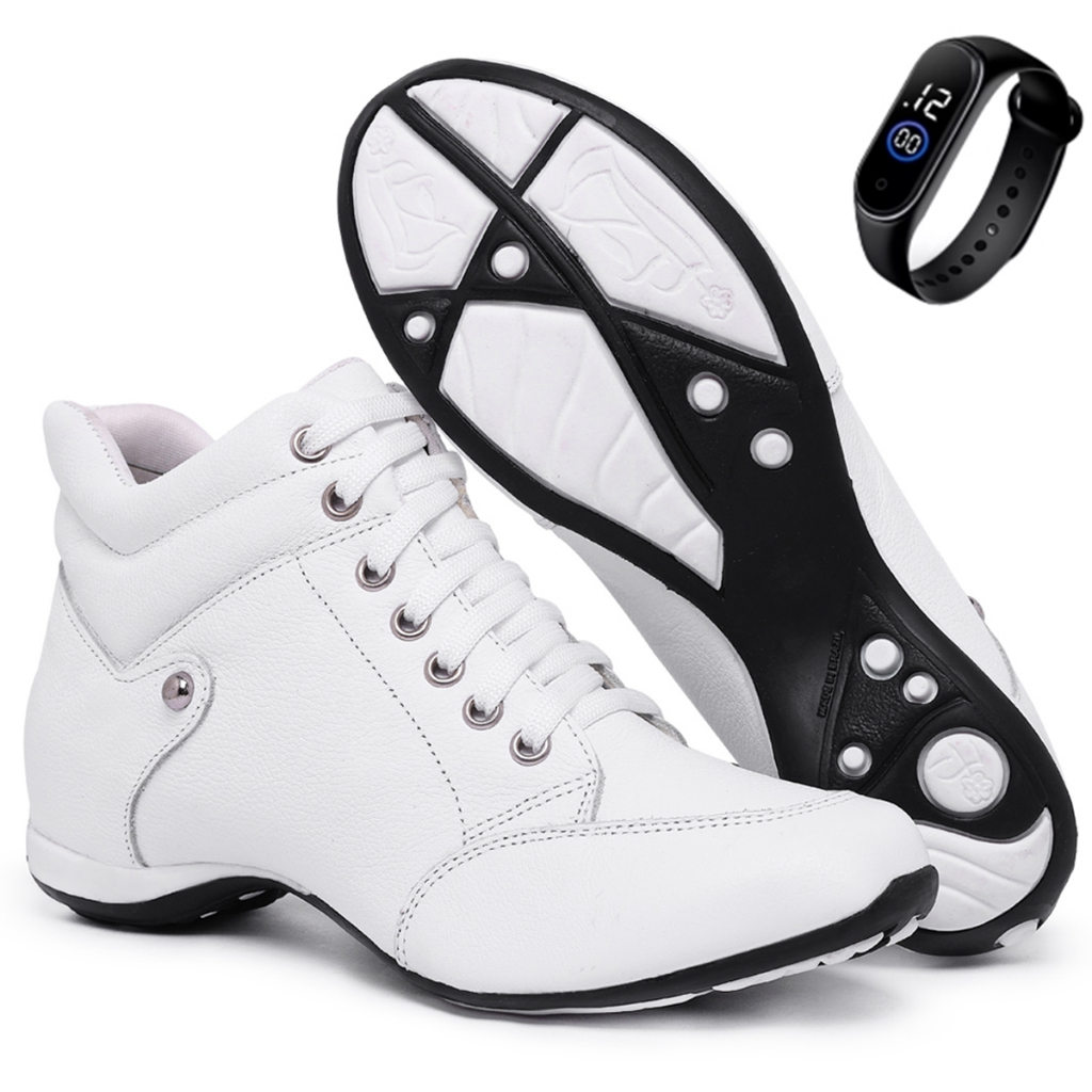 Tênis Feminino Couro + Relógio Botinha Confortável | Ideal para Academia, Caminhadas e Treino