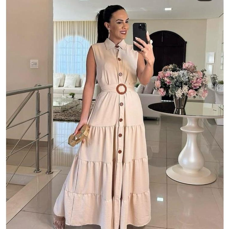 Vestido Longo Feminino com Botão é Lastex nas costas luxo elegante verão NA Alfaiataria Sensorial do M ao G2