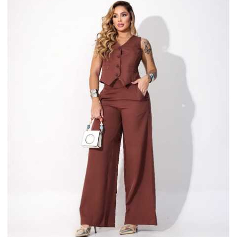 Conjunto Social Feminina Calça Pantalona Colete Botões Calça Larga Cintura Alta em Oferta na Shopee