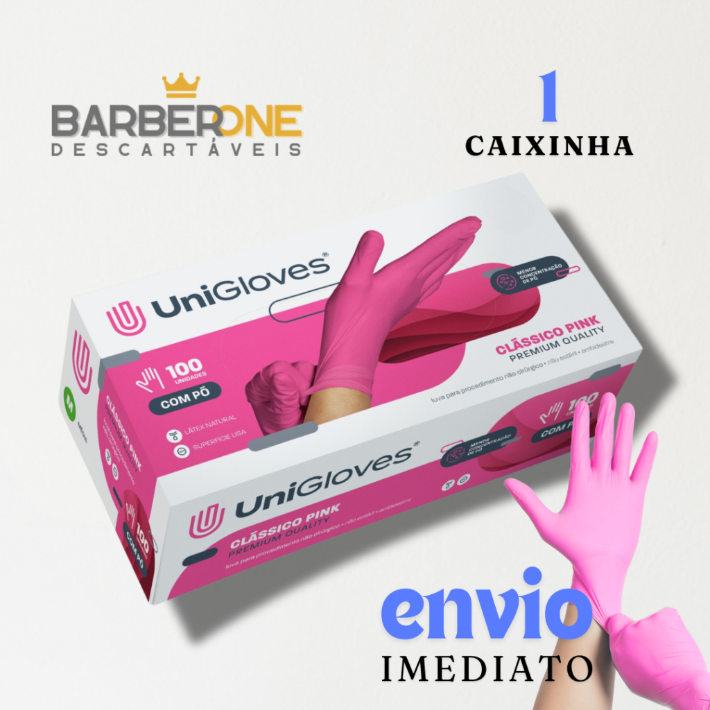 LUVAS DE LATEX COM POUCO TALCO UNIGLOVES CLASSICO PINK - CAIXINHA COM 100 UNIDADES em Oferta na Shopee