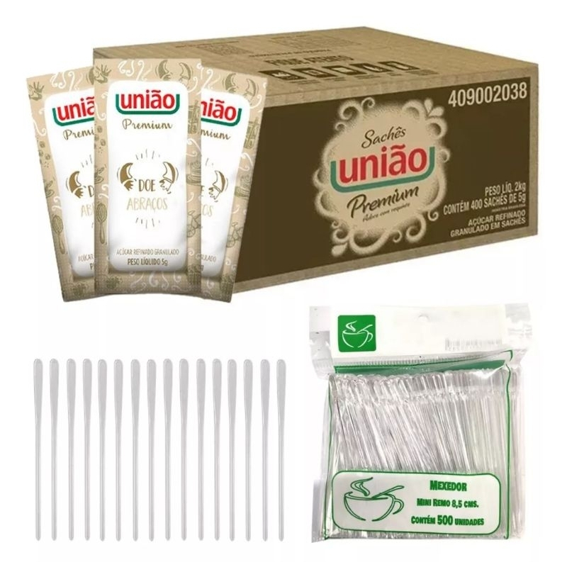Kit Açúcar União Sachê - Caixa c/ 400 Unidades + Pacote de Palheta Mexedora de Café c/ 500 Unidades em Oferta na Shopee
