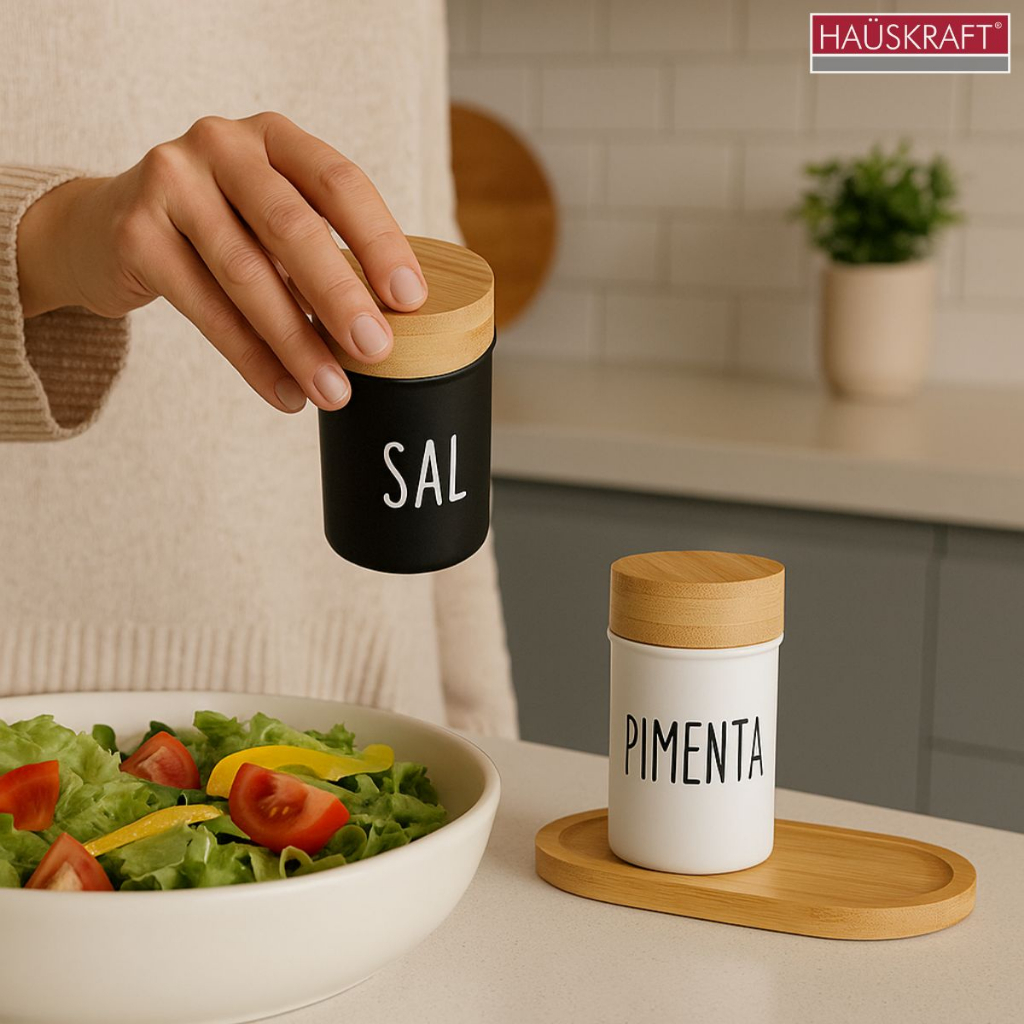 Saleiro Pimenteiro Porta Condimentos Temperos Kit Vidro Bambu Cozinha Premium Decoração Porta Sal
