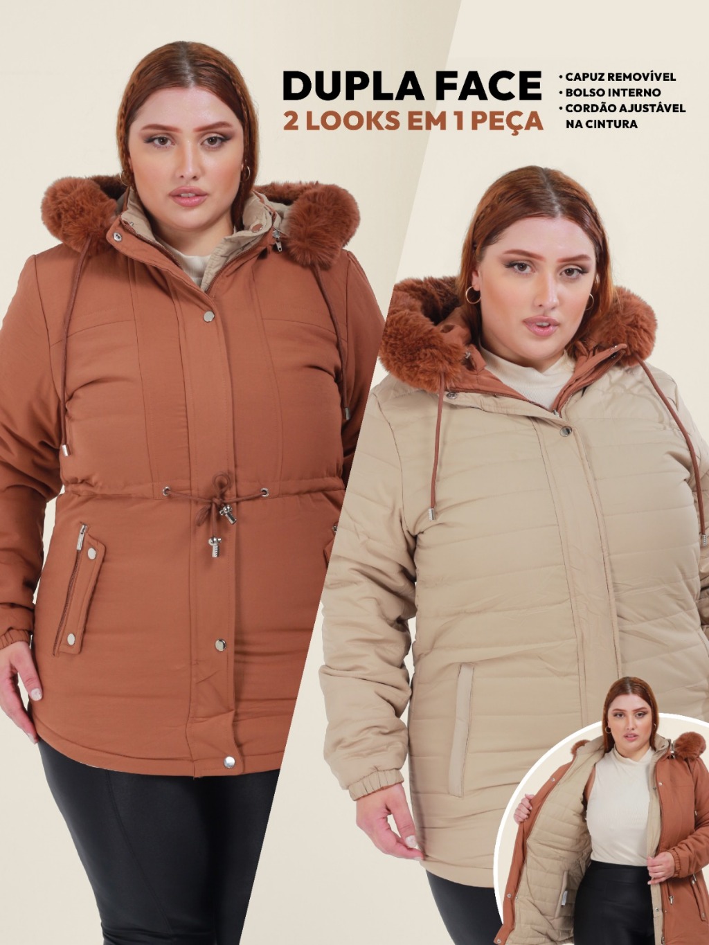 Jaqueta Parka Dupla Face Plus Size Sobretudo Feminina 2 Cores Premium