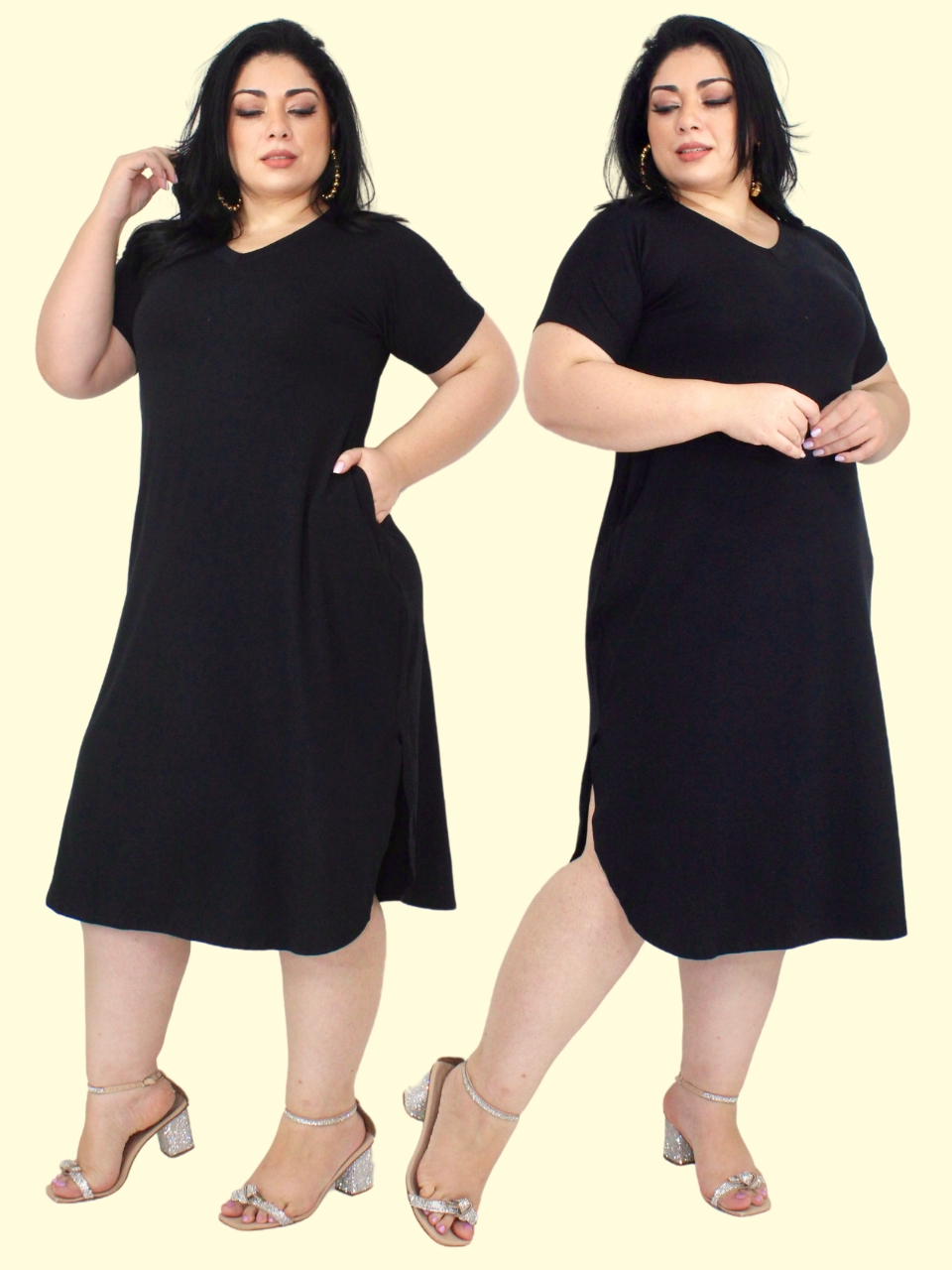 Kit Vestido Plus Size Midi Longo Liso Viscolycra Gola V Bolso Fenda Laterais Moda Evangélica 42 ao58