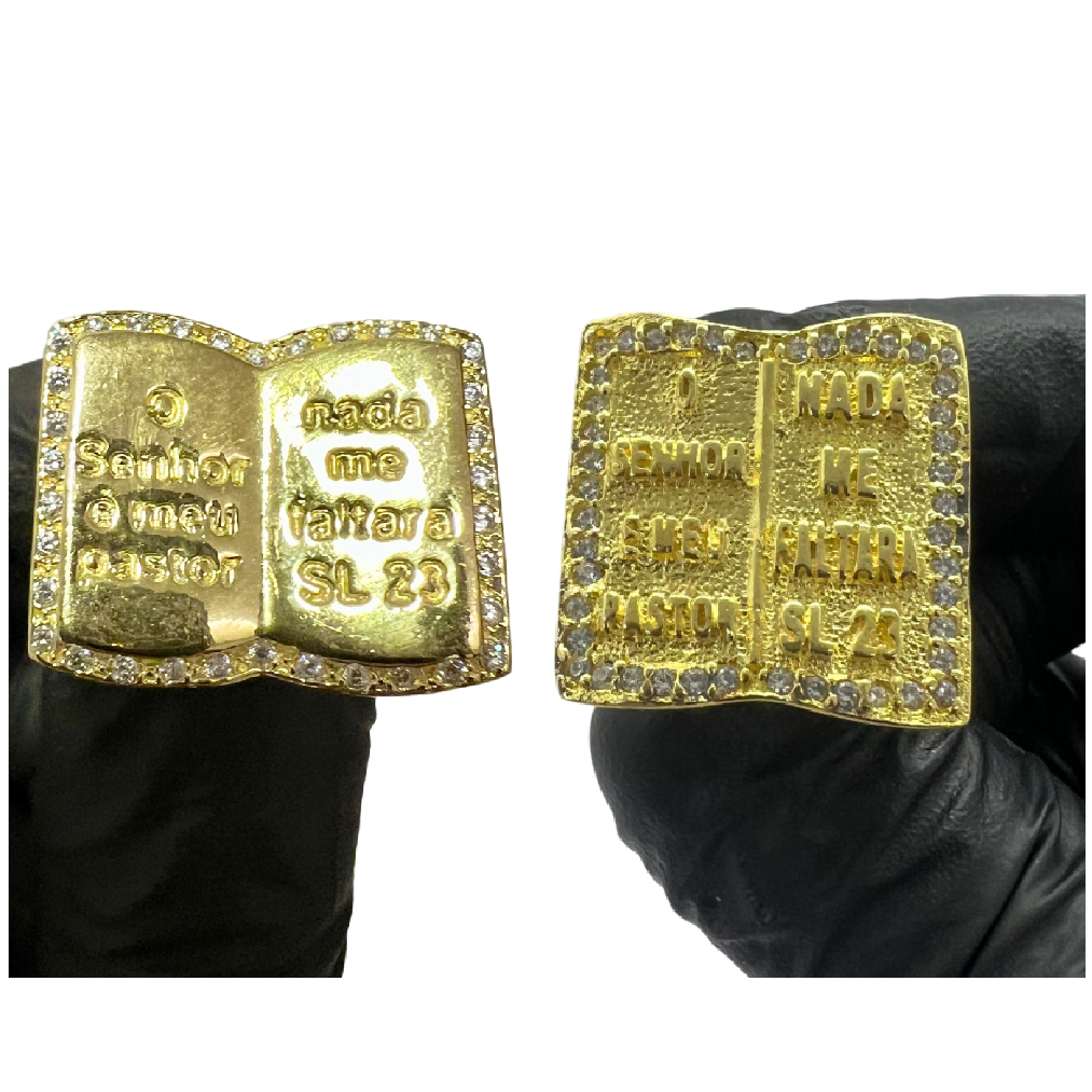 DEDEIRA BIBLIA MOEDA ANTIGA SALMO 23 TUDO POSSO NAQUELE QUE ME FORTALECE RELIGIOSO COR OURO 18K