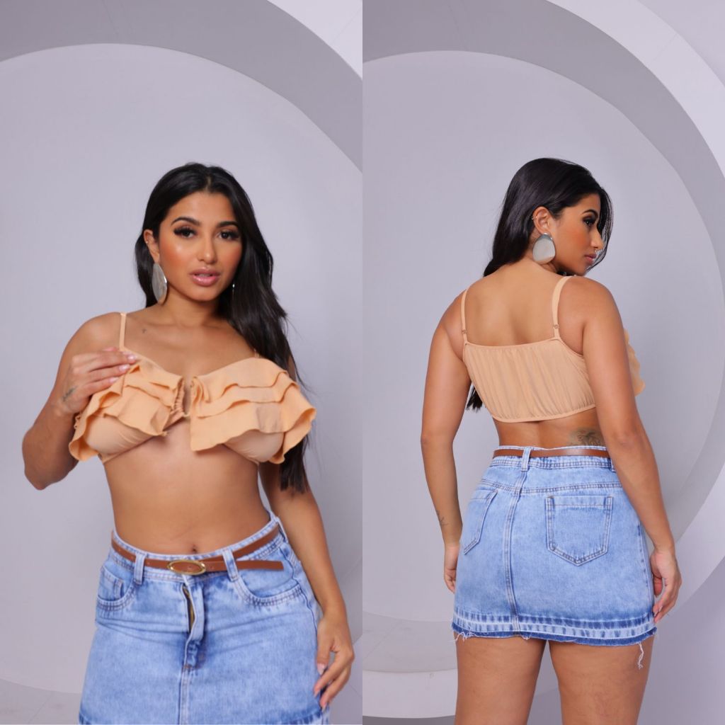 Cropped  Feminina com triplo Babado na Frente alças Finas ajustáveis Top faixa