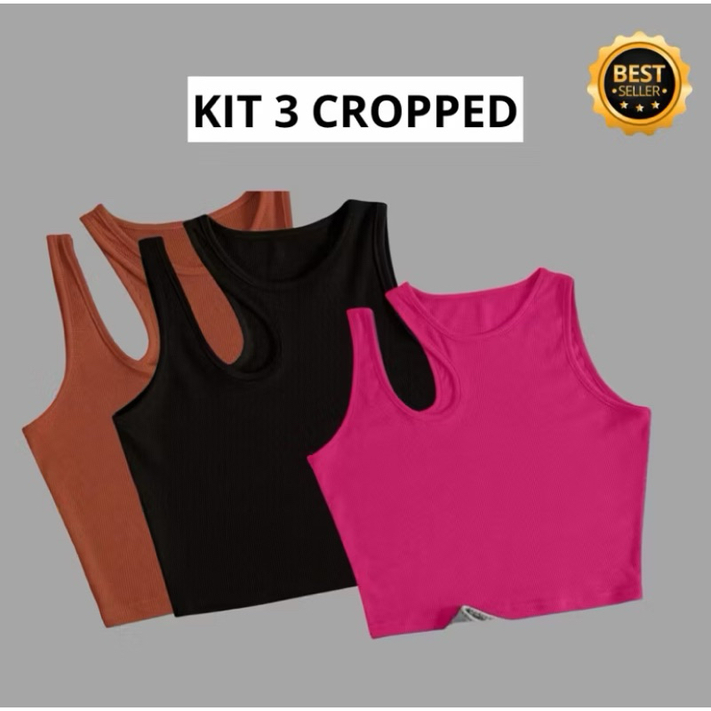 Hiper Kit 3 Cropped Top Feminino Canelado Basico Com 2 Alças