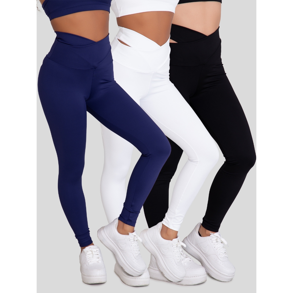 Kit 3 Calças Legging Feminina Poliamida Transpassada Evolution  Estilosa Fitness