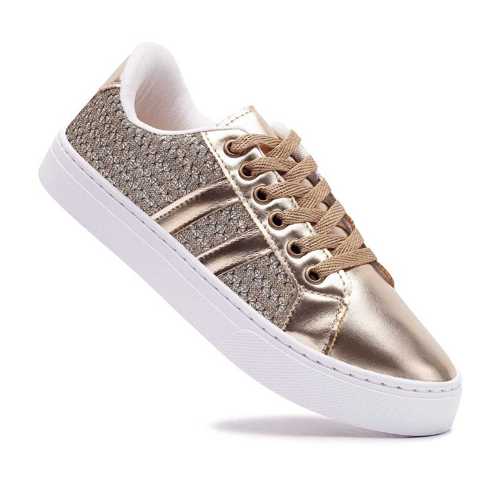 Tênis Feminino Sapatênis  Confortavel Calce Fácil Cadarço Moda Dourado Branco Preto