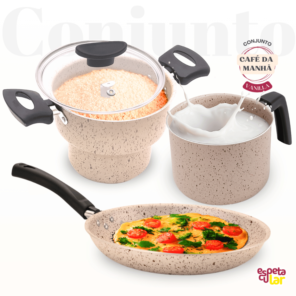 Conjunto Cafe da Manha Cuscuzeiro Leiteira Panquequeira Frigideira Antiaderente 3 Peças