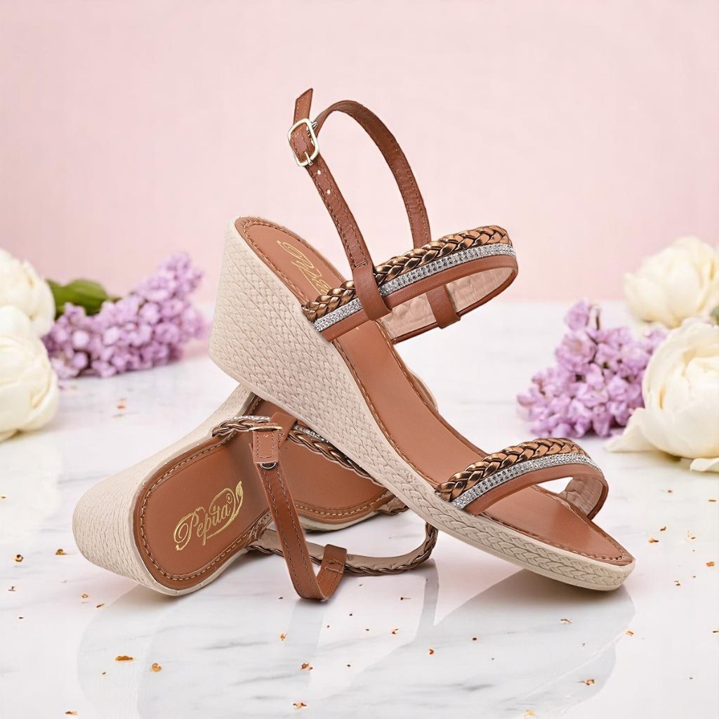 Sandália Feminina Caramelo Confortável Anabela Alta Trançada Estilo Casual e Elegante