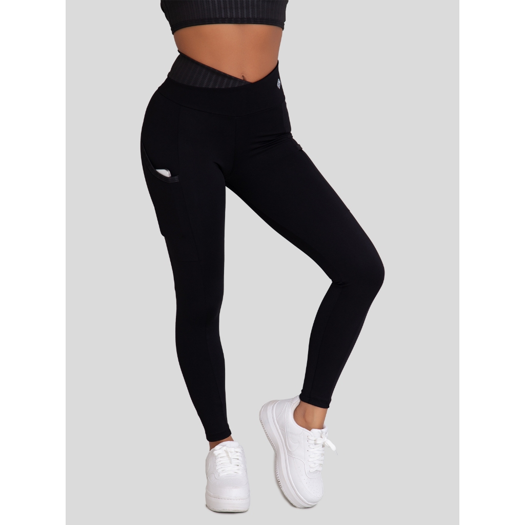 Calça Feminina Poliamida Legging Bolso Recorte 3D Yoga-Corrida - Sports & Outdoors