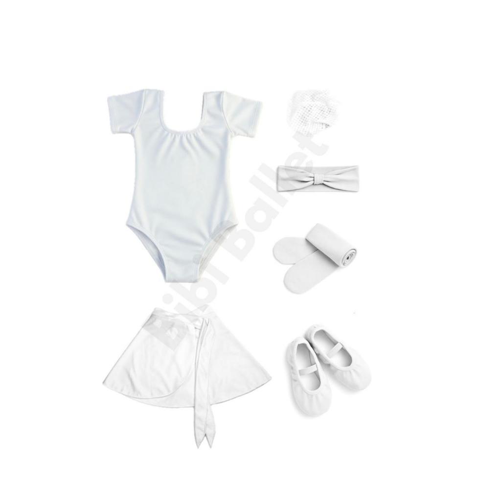 Kit Ballet Infantil - 6 Itens (Collant Com Manga + Saia Transpassada + Rede + Faixa + Sapatilha + Meia Calça) - BRANCO