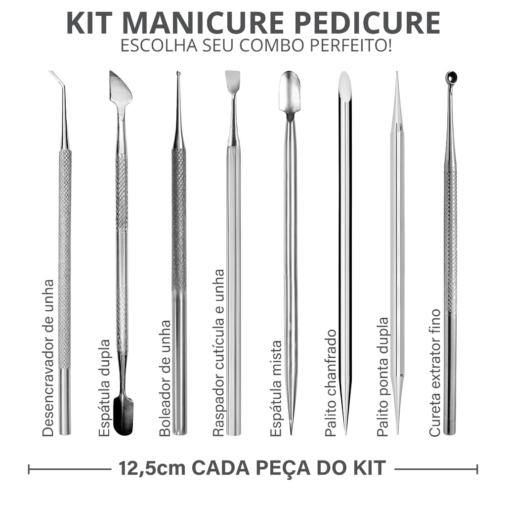 Kit 02 Peças Espátula Dupla e Palito de Aço Inox Profissional Cuidados Unha Cutícula Precisão