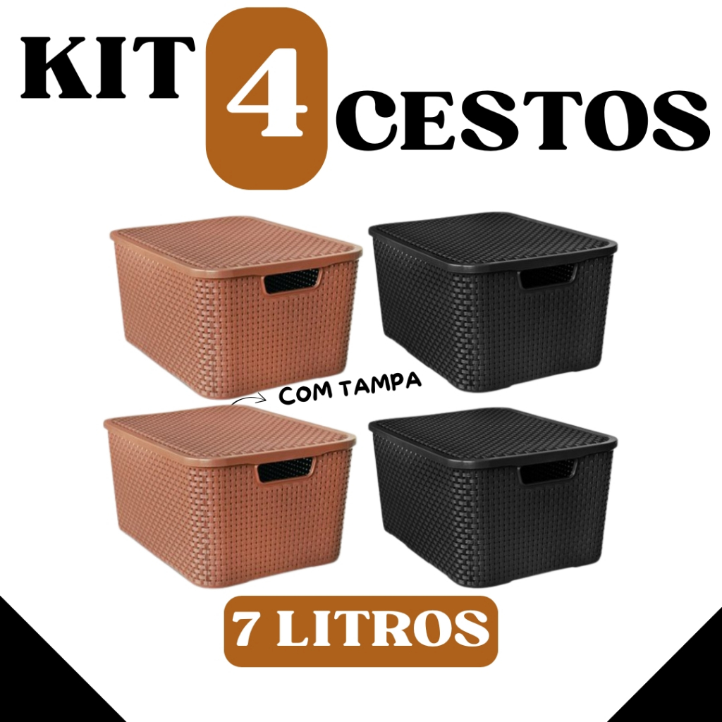 Kit com 4 Cestos Rattan 7 Litros c/ Tampa – Marrom e Preto - Cesto Organizador Elegante e Resistente
