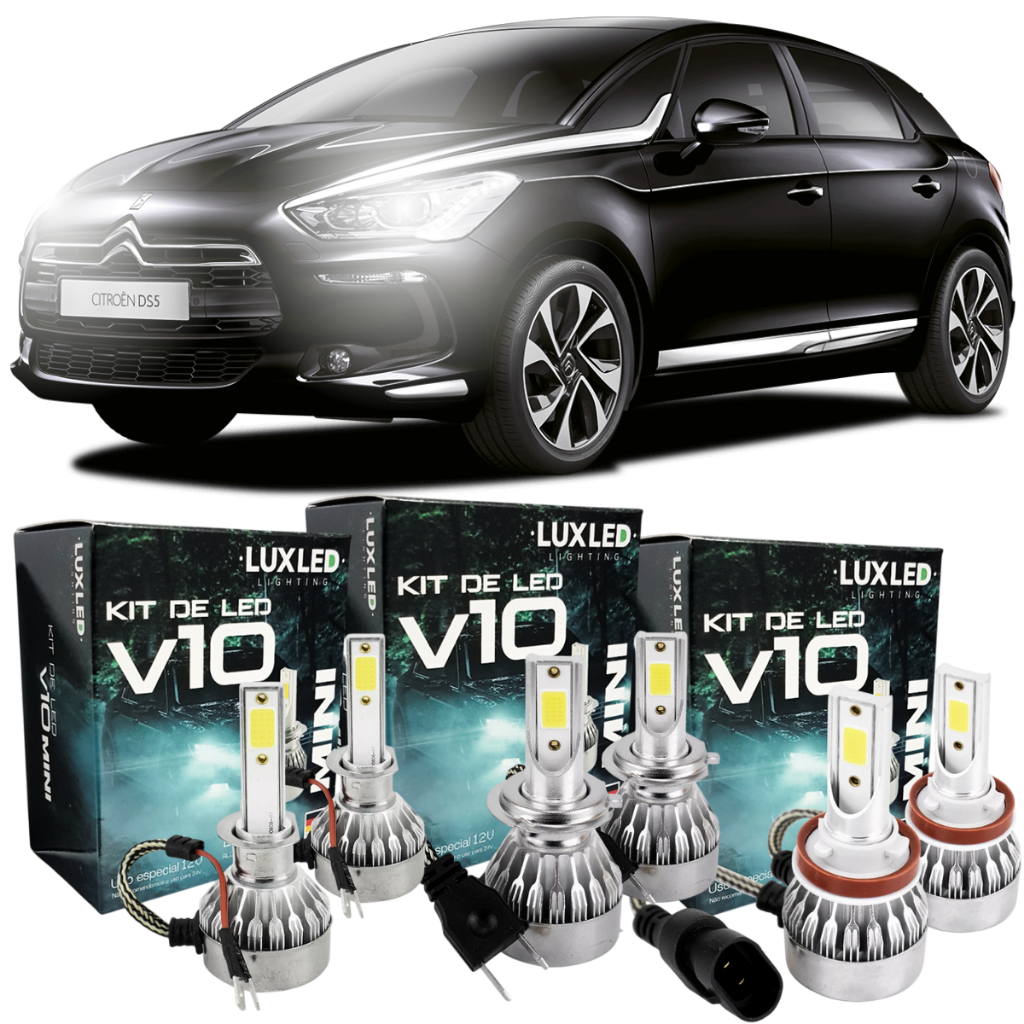 Kit Ultra Led V10 H7 H1 H11 6500k 20000 Lumens Citroen DS5 2013 à 2014 Farol Baixo Alto Milha