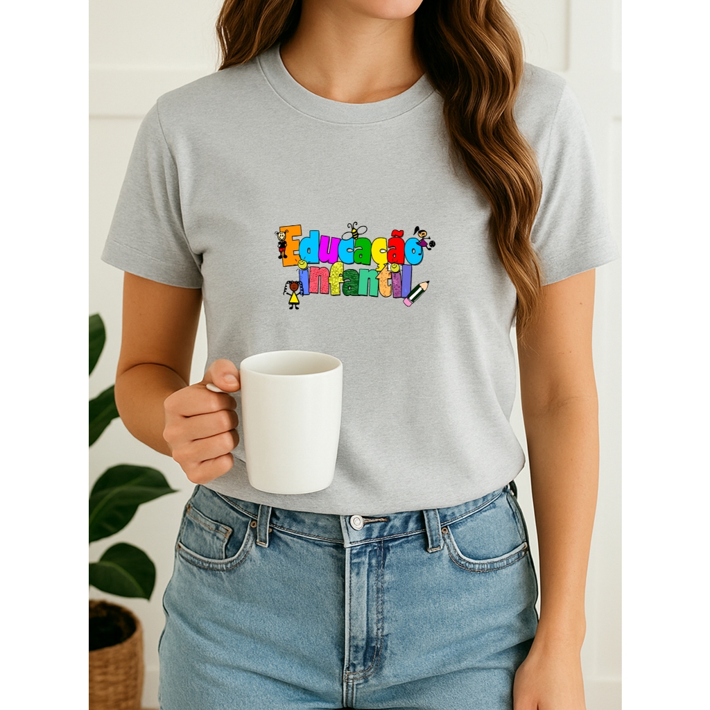 Camiseta Feminina Babylook educação infantil figurinhas professora pedagogia escola 100% Algodão
