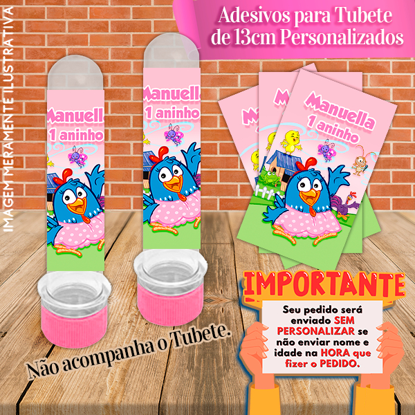 Rótulos adesivos para tubetes de 13 cm Personalizados Galinha Pintadinha Azul e Rosa