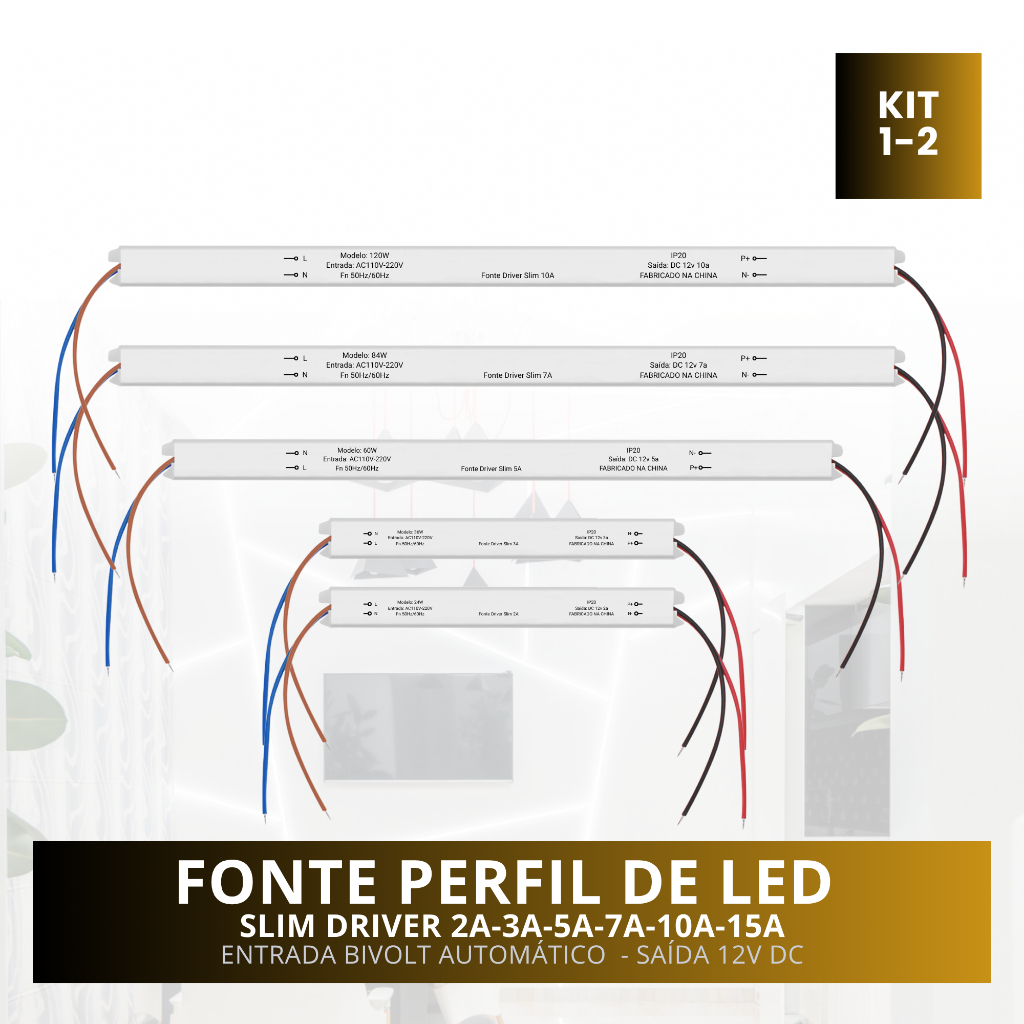 Unitário e Kit 2 Fonte Slim Driver Para Perfil Fita De Led 12v Bivolt 110v/220v em Oferta na Shopee