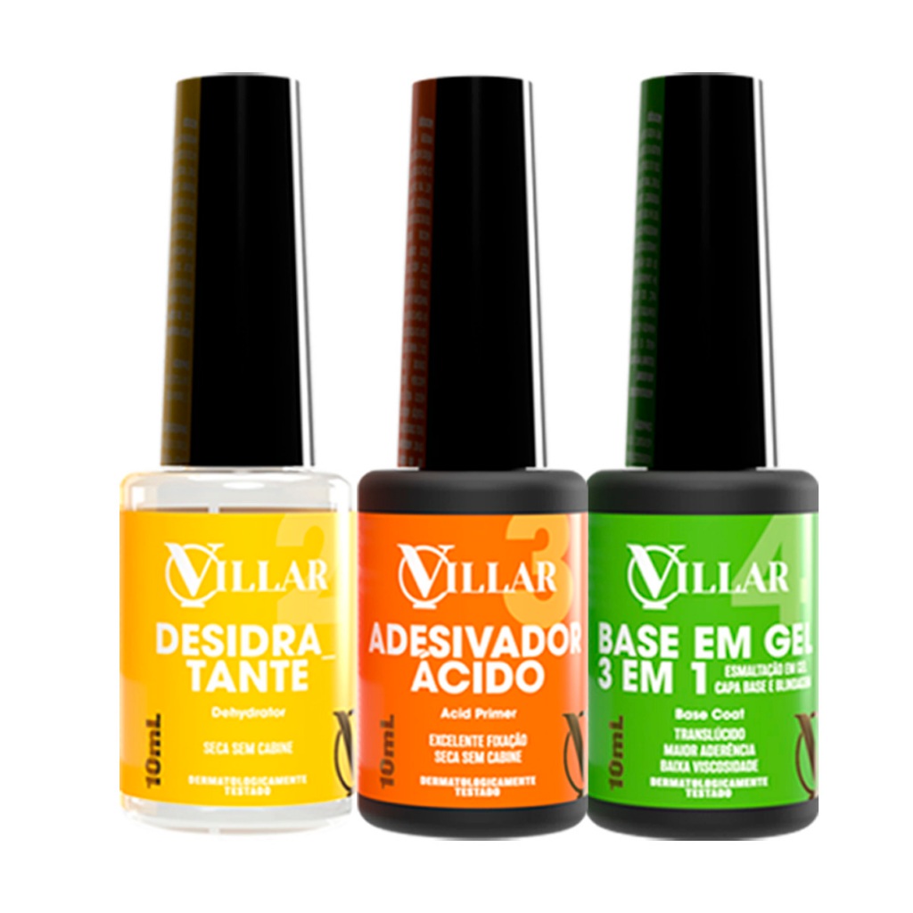 Kit Primer Ácido + Gel Capa Base + Desidratador Villar