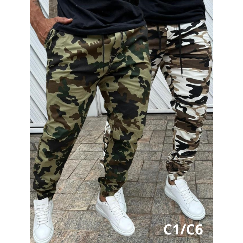 Kit 2 Calças Jogger Poliester Slim Camuflada  Verde Lycra Exército do Polo SUL Elastico Slim