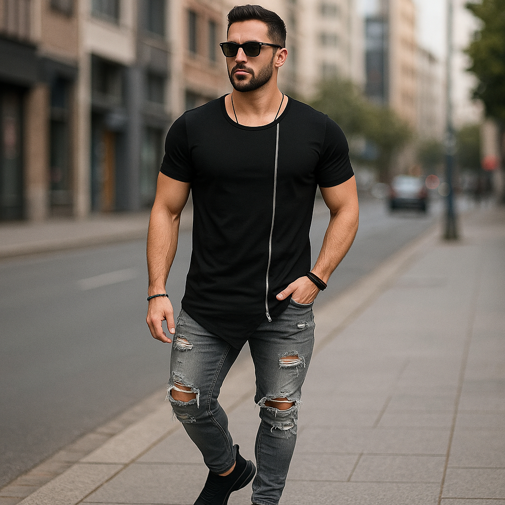 Camiseta Camisa Longline Masculina Com Zíper Lateral Swag Barra X