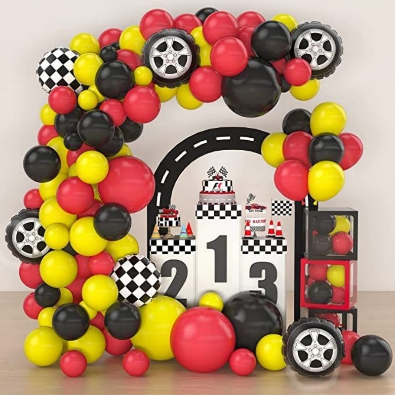 Kit Carros 111 Balões Arco Desconstruído Fórmula 1 Balões carro corrida balões em formato de pneu/roda balões vermelho