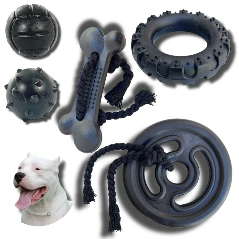 Kit 05 Brinquedos Pet Mordedores Para Cachorro Osso + Pneu + Anilha com Corda Grande + Bola Cravo + Lisa