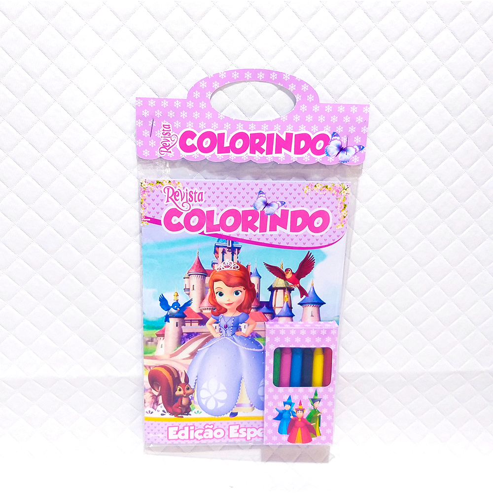 Kit Colorir Princesinha Sofia - Lembrancinha Aniversário Infantil c\ Giz de Cera 10 unidades