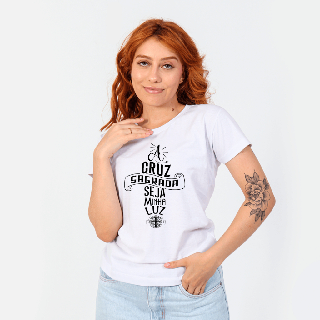 Baby Look A Cruz Sagrada Seja Minha Luz São Bento Blusinha Religiosa Oração Deus