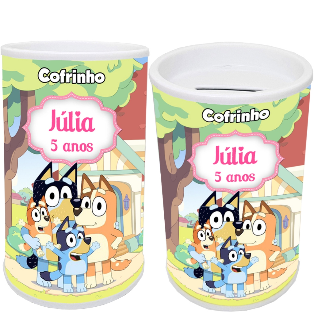 10 Cofrinho Cofre Personalizado Bluey e Bingo com Adesivo Já Colado Aniversário Festa Brinde