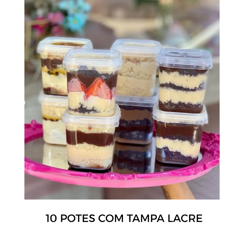Plastilania Pote Quadrado tampa com lacre 220 ml com 10 unidades - Bolo no Pote/Bolo de Pote