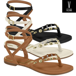 Sandália Rasteira Vizzano Feminina Pedrarias Douradas Fecho Fivela Tiras Cruzadas em Oferta na Shopee