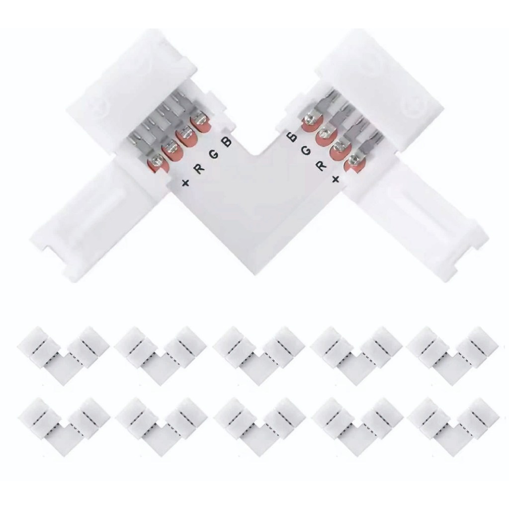 Kit 5 10 Emenda em L 10 mm Conector RÁPIDO de Pressão Rgb P/fita Led 5050 2835 4 vias
