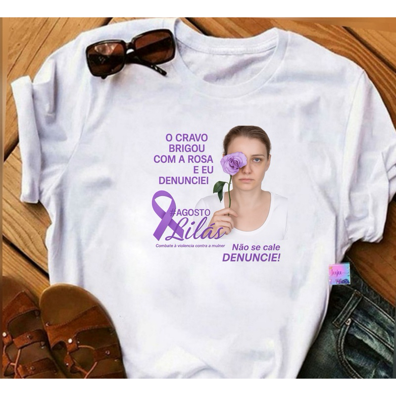 T-Shirts Baby Look Feminina /Agosto Lilás mês de Conciêntização Sobre a Violência Contra a Mulher em Oferta na Shopee