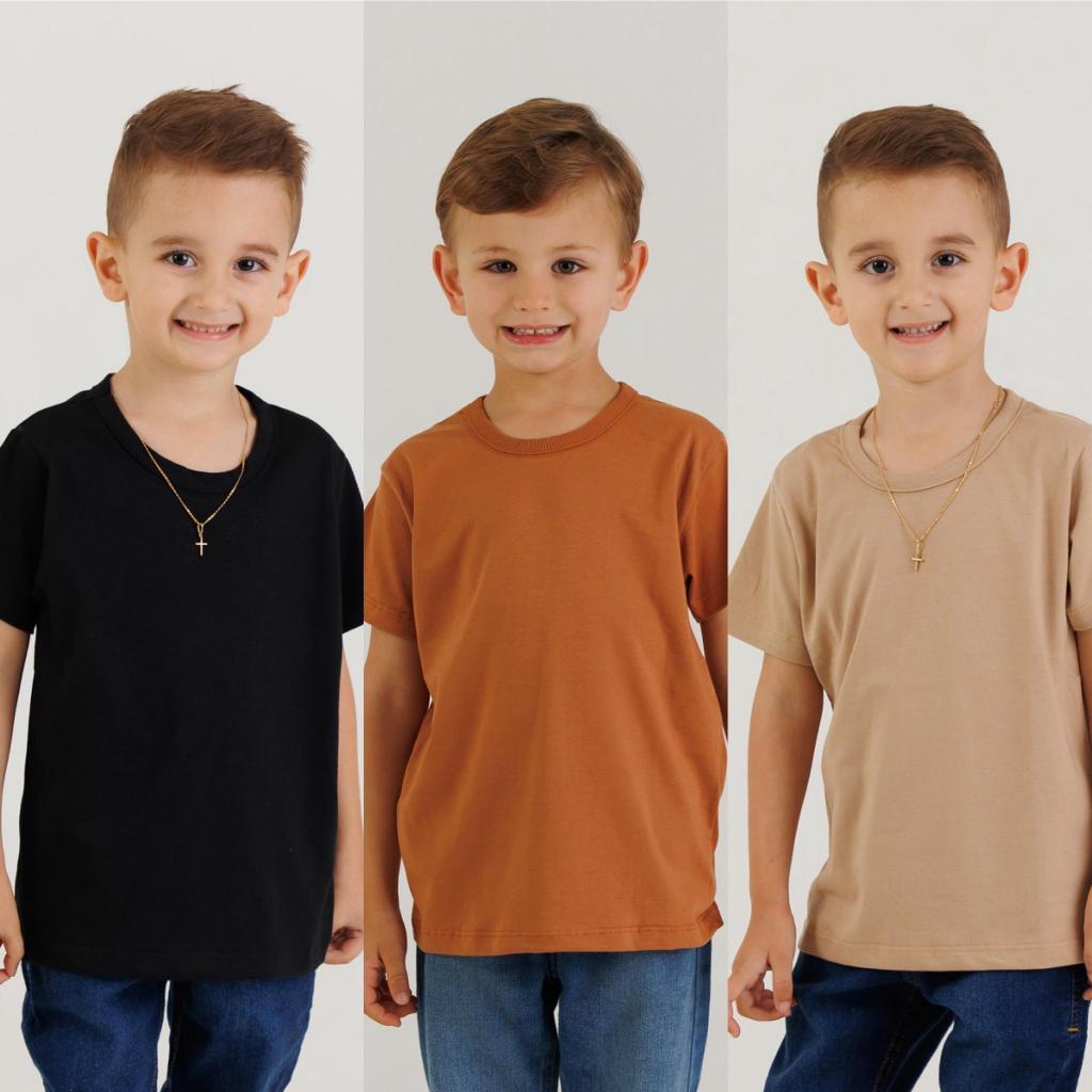 Kit 3 Camiseta Masculina Infantil de Malha Penteada Blusa Menino ou Unissex Escolar 1/2/3/4/6/8/10